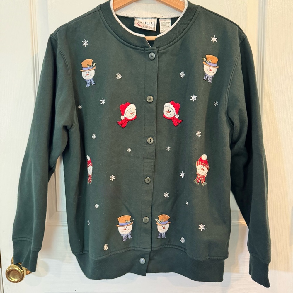 Vintage Hasting & Smith Petites Snowman Embroidered Christmas Cardigan Green PL